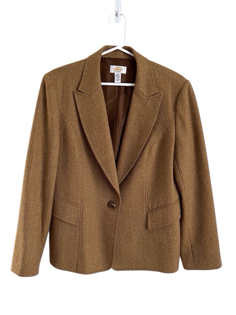 Talbots Tan Herringbone Wool Blazer One Button Classic Preppy Equestrian VTG 14
